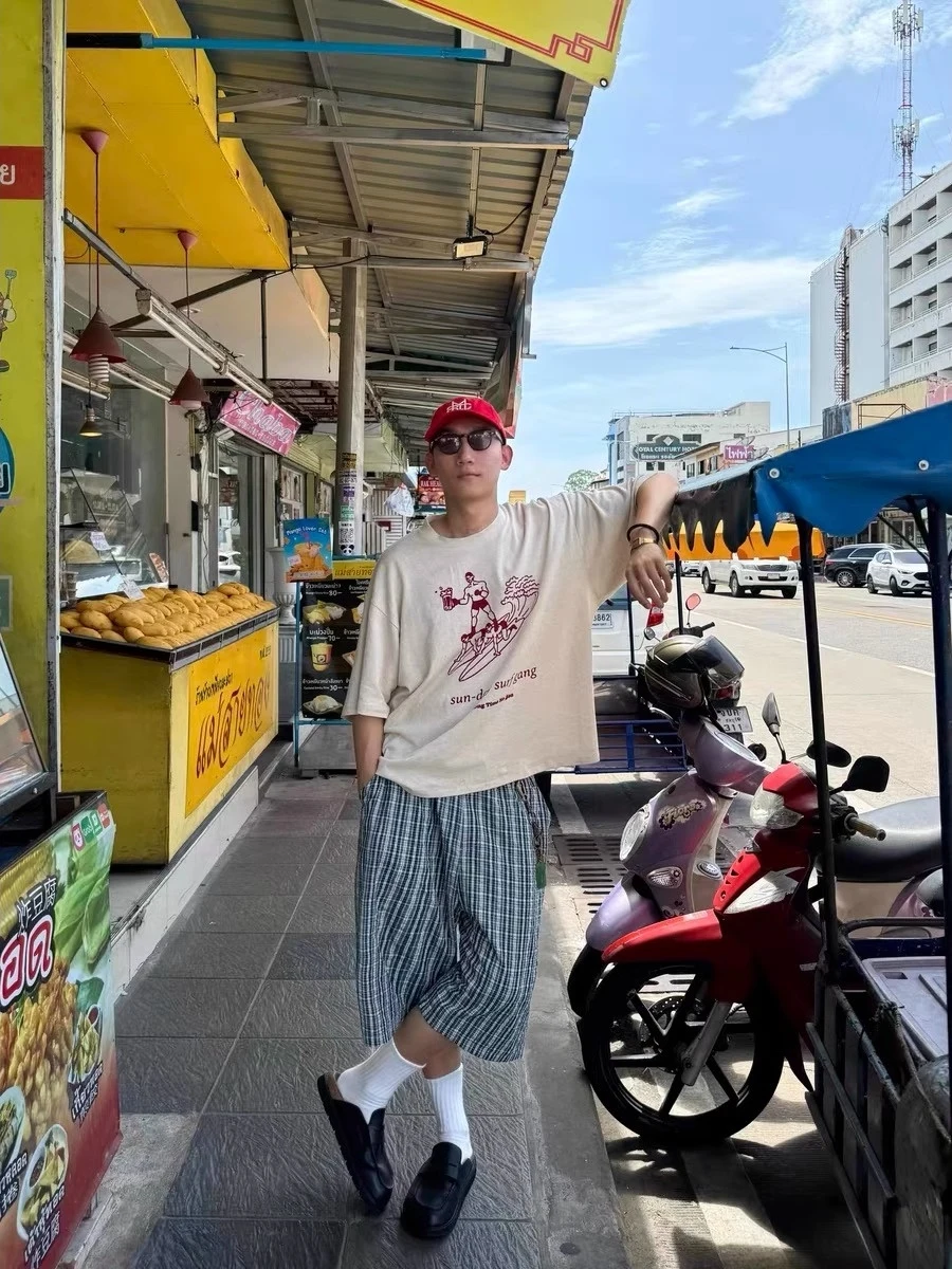 

American Retro Blue een Plaid Loose Casual Pants ort Seven-Foot Men Women Summer High-End Lazy Sle Loose Casual Pants