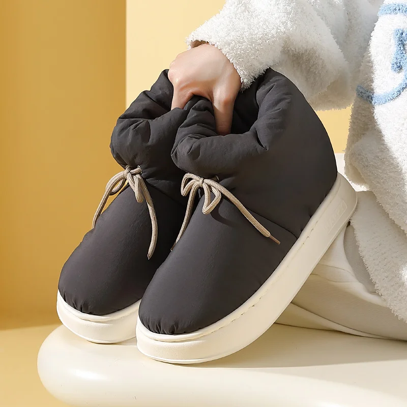 

Winter Warm Thick Furry Women Ankle Boots Indoor Lace-up Plush Slippers Ladies Men Home Cotton Shoes