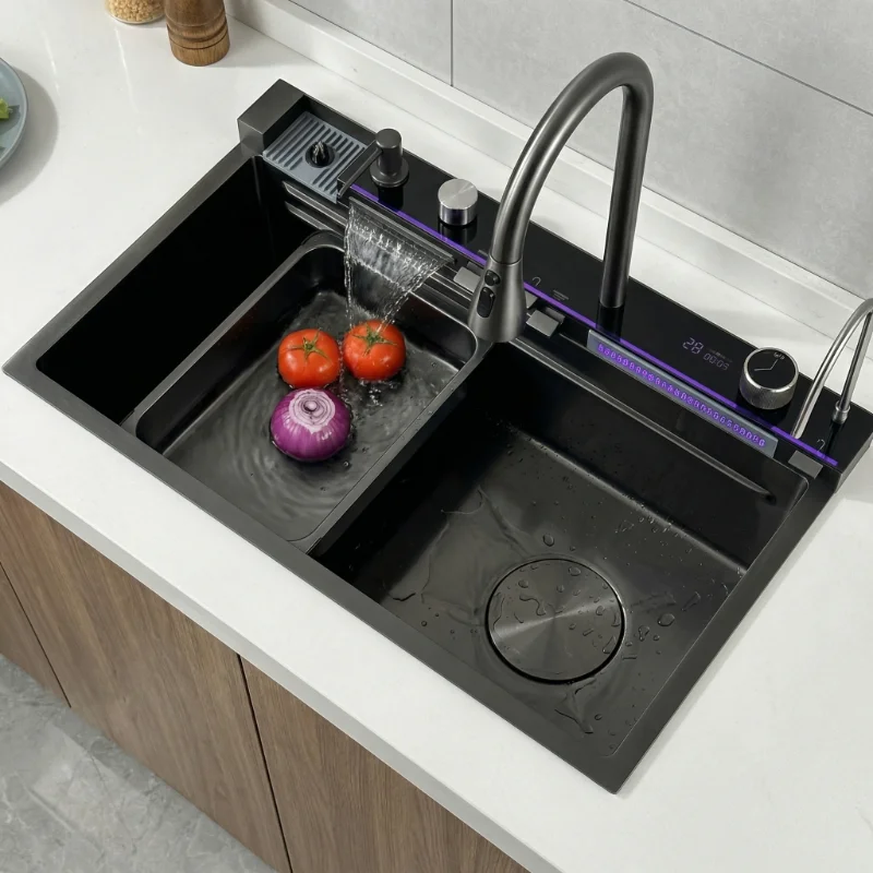 Fregadero de Cocina 75x45 con Grifo Retráctil, Sistema de Drenaje Moderno para Fregadero de Cocina, Fregadero de Acero Inoxidable con Grifo Extraíble