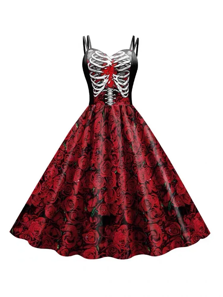 Vintage Gothic Doppelriemen-Swingkleid mit Skelett-Brustmuster, mehrfarbigem Blumen- und Totenkopf-Aufdruck, Damen-Halloween-Cosplay-Kostüm – Detail 2