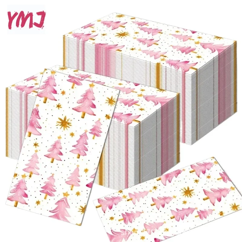 Large Size Christmas Long Paper Napkins Pink Christmas Tree Printed Colourful Paper Placemats Party Napkins 2-Ply 20pcs 33*40cm