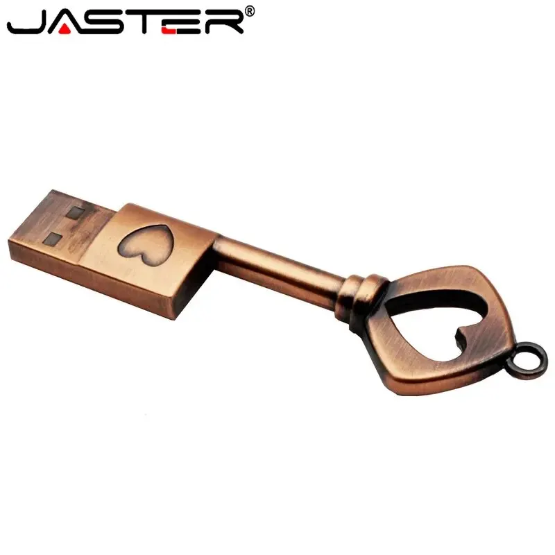 JASTER Copper Love Heart Shaped Key Usb Flash Drive Pendrive Pen Drive 32GB 64GB Metal Keys Memory Stick Creative Wedding Gift