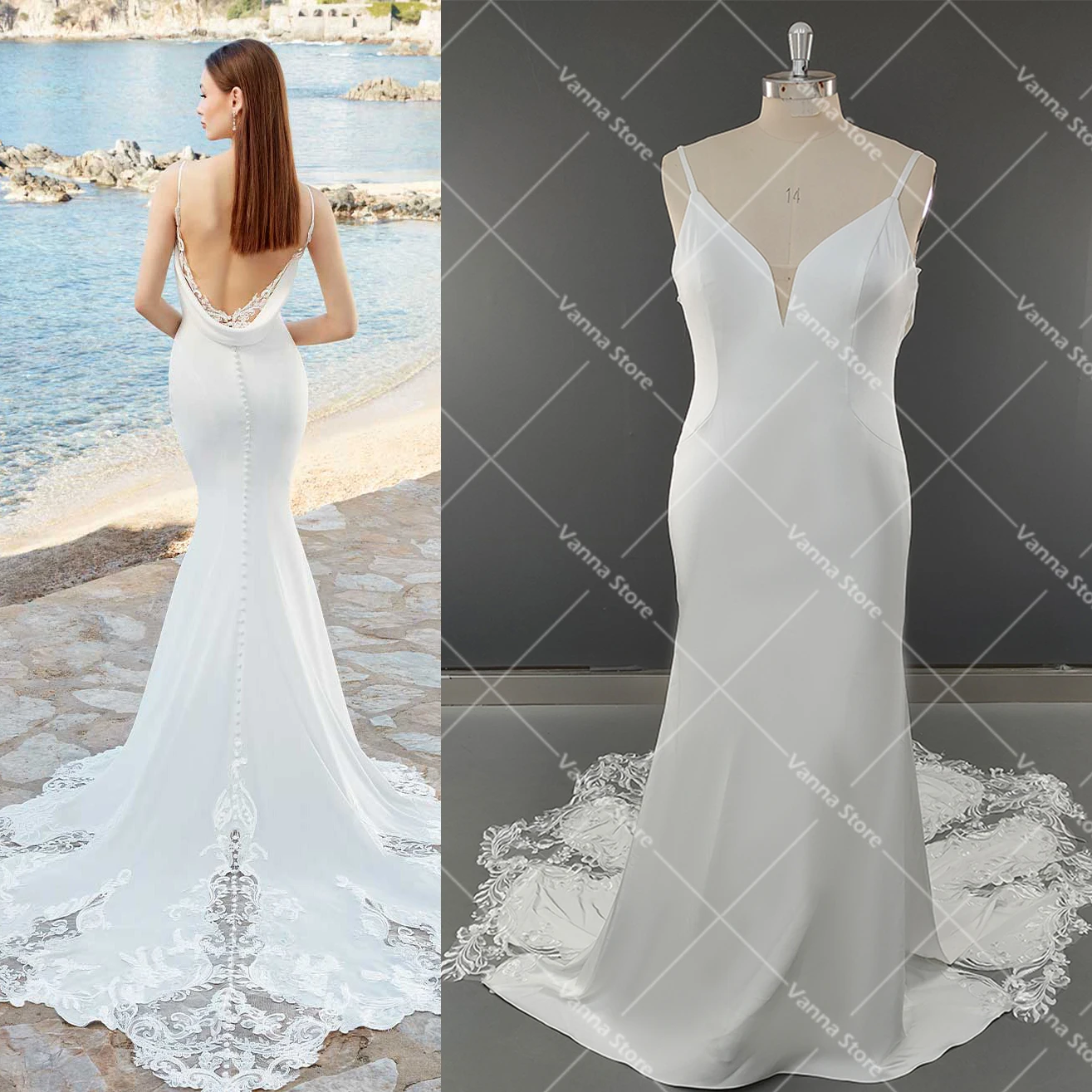 Elegant Deep V Neck Outdoor Wedding Dress Sheath Spaghetti Straps Beading Lace Open Cowl Drape Back Customized Satin Bridal Gown