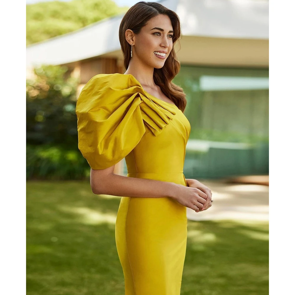 Ruffle Short Sleeve Yellow Evening Dress Pleat Straight Tea-Length One Shoulder Special Occasion Elegant Women 2025 فساتين سهرات