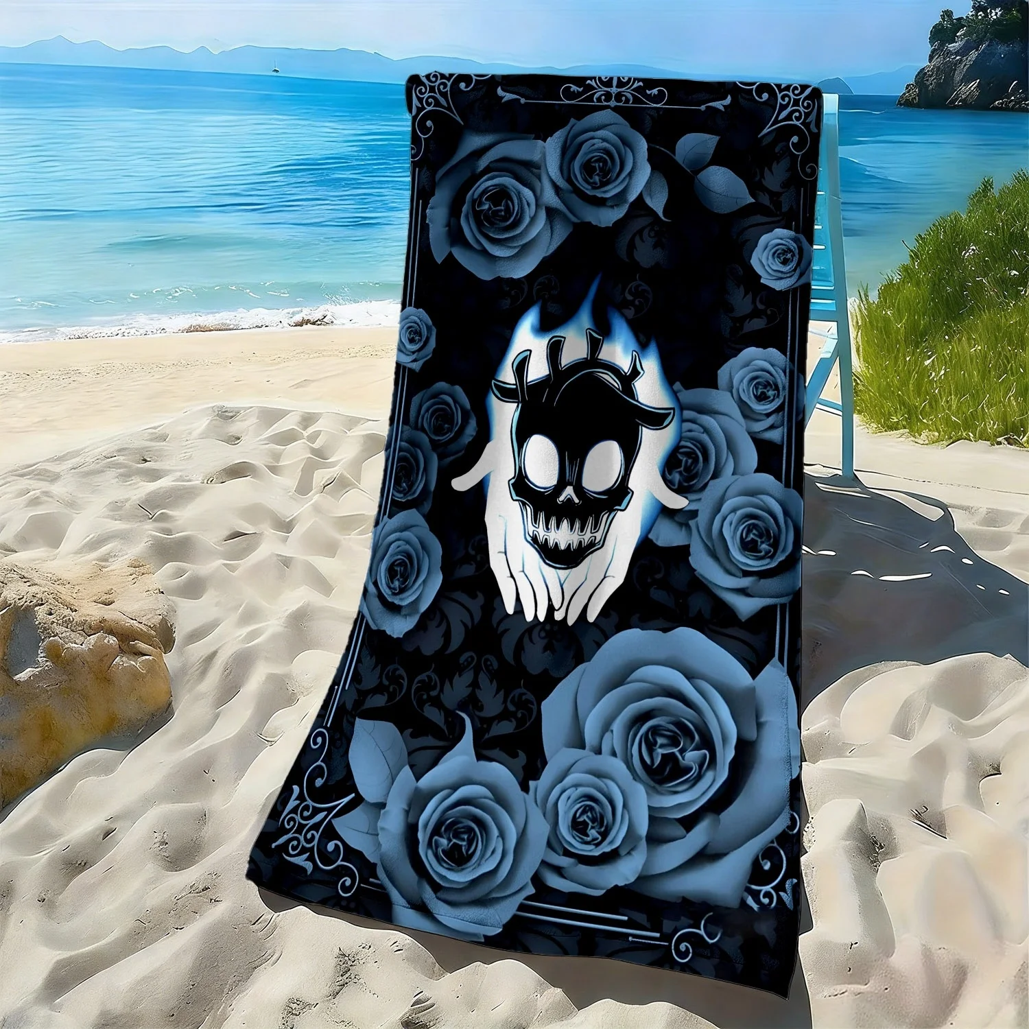 

Gothic style skull and rose pattern polyester microfiber beach towel is highly absorbent suitable for swimming and beach outings