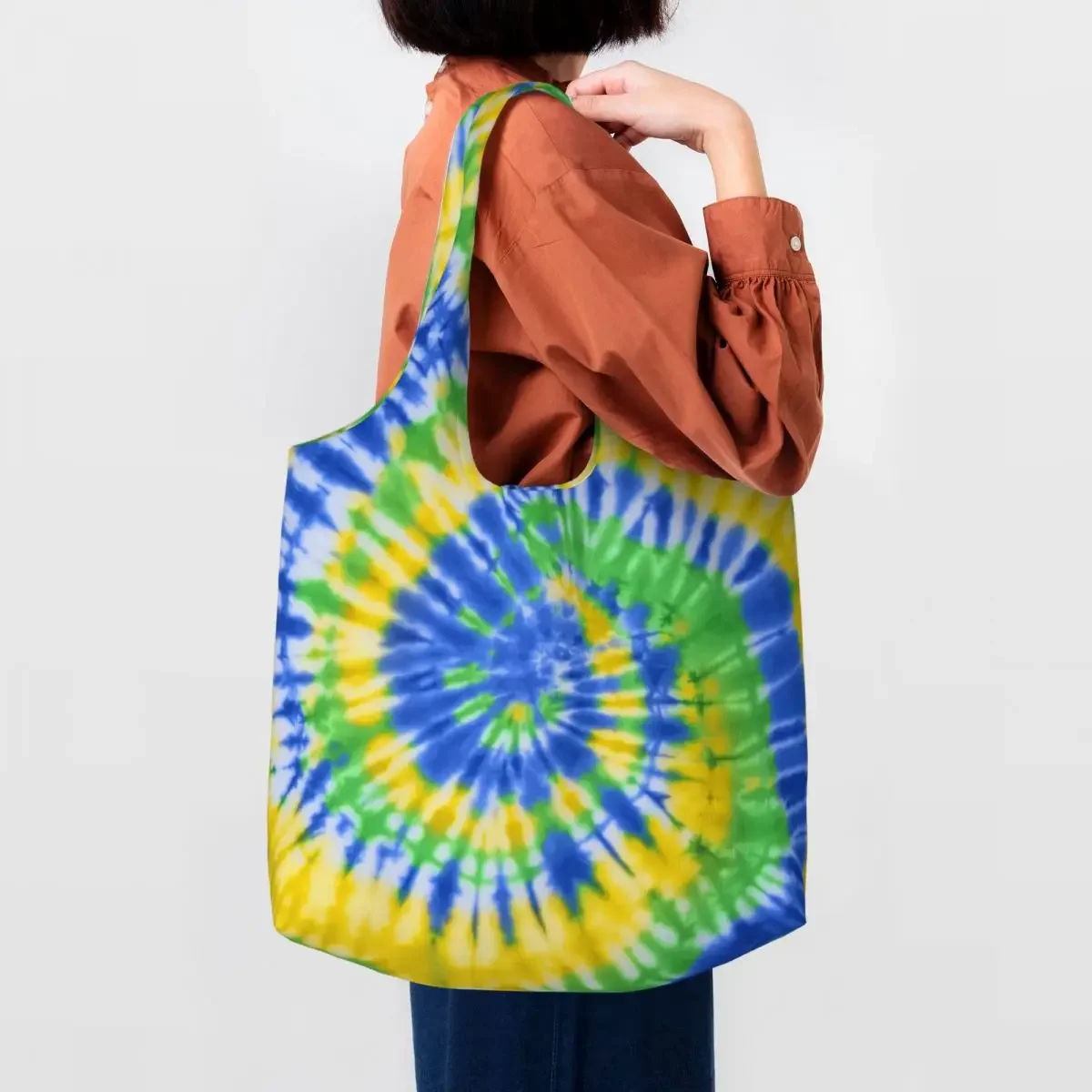 Custom Reusable Tie Dye Blue Green And Yellow Shopping Bag Women Canvas Shoulder Tote Bag Portable Dyeing Groceries Shopper Bags