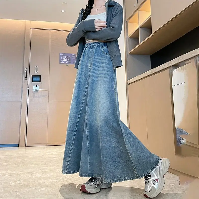 

Plus Size Denim Skirt A-Line Midi Skirt Flared Hem Elasticated High Waist Flattering Silhouette Soft Fabric Women's