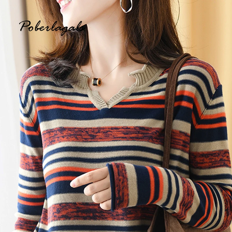 Pull femme Loose stripe Sweaters Women pullovers Autumn Winter 2021 Korean Pullover casual knitted ladies sweater womens jumper