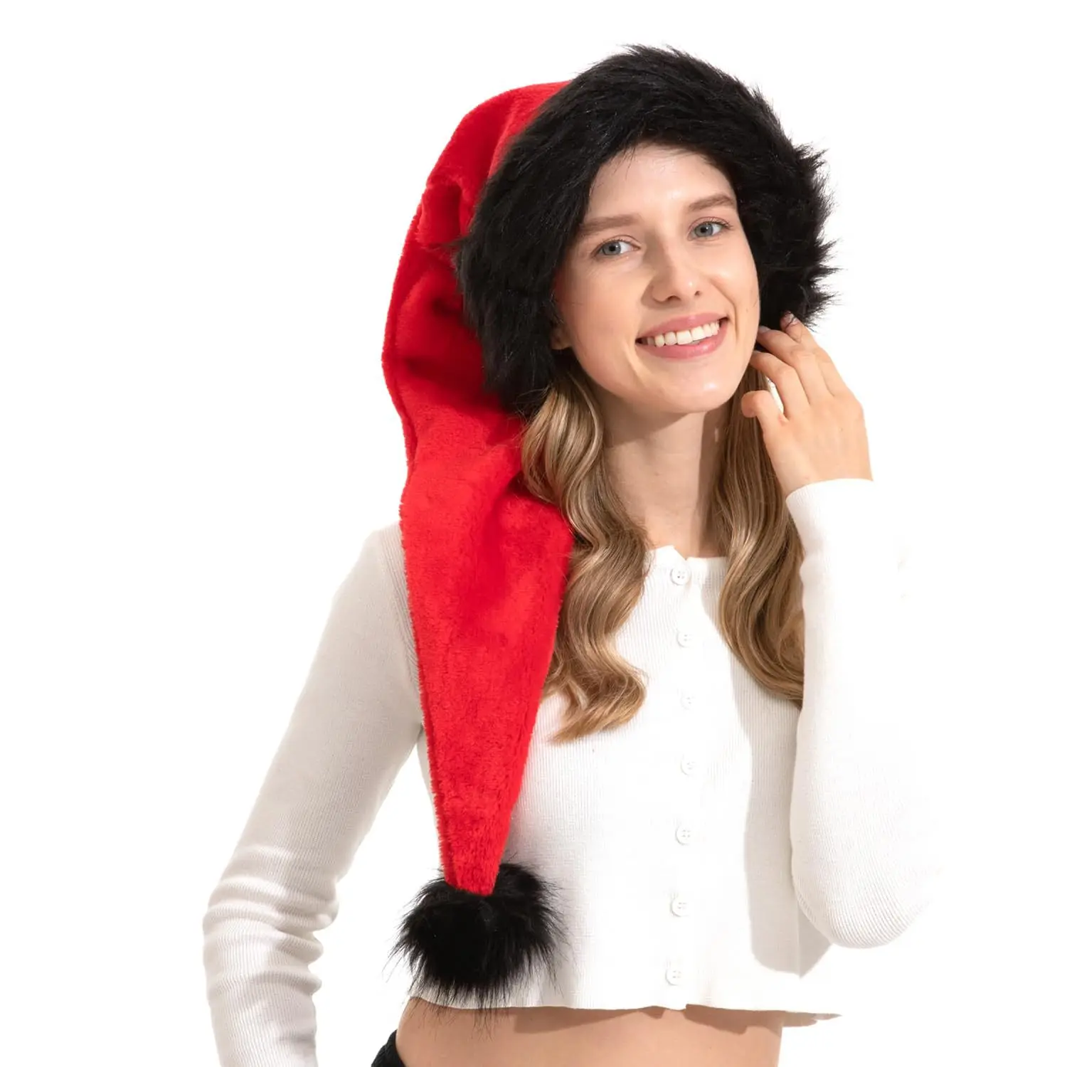 75cm Red Black Color Matching Plush Hat Christmas Hat High Quality Xmas Cap Children Adult Plush Santa Claus Hat Hiking Cap