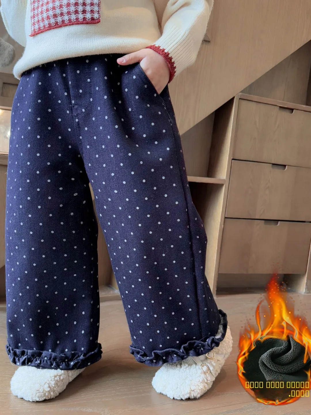 

Джинсы для девочек на флисовой подкладке с круглым узором в горошек, повседневные теплые зимние длинные брюки с высокой талией, прямые, удобные детские штаны