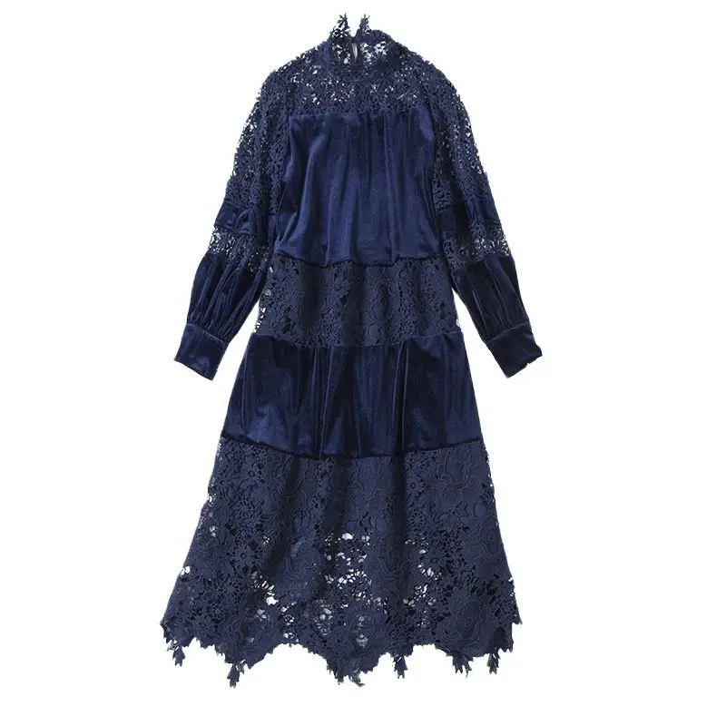 2023 spring dress women's hook flower hollow water-soluble splicing fashion women's Velvet layer doll dresses