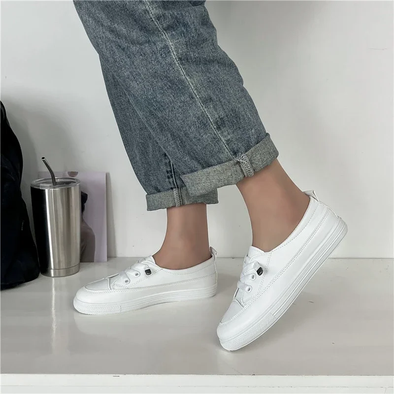 Niedrige Plattform Turnschuhe Frauen Schuhe weibliche Pu Leder Walking Sneakers Slipper weiß flach Slip auf vulkan isieren Freizeit schuhe 2024