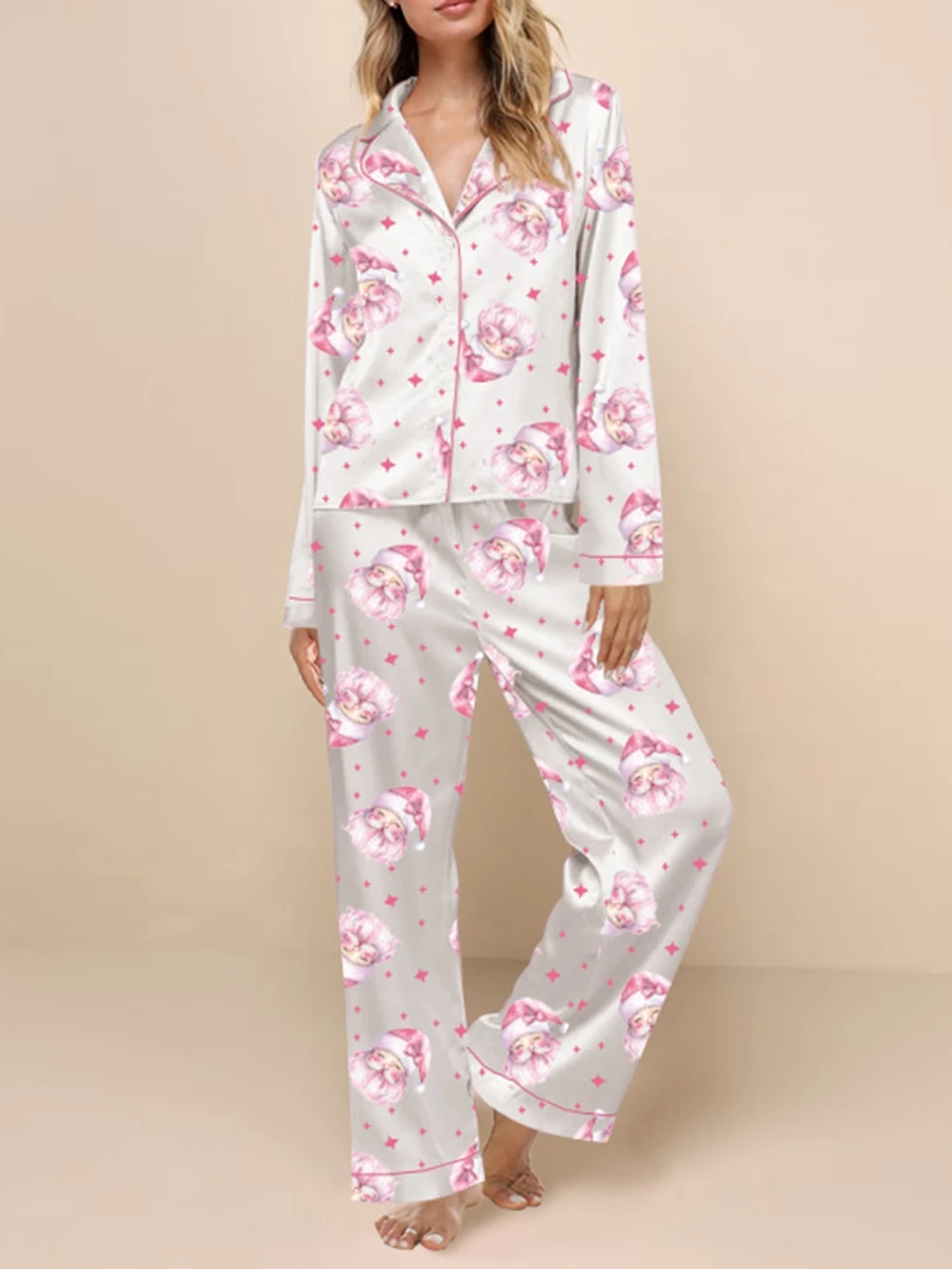 

Women Satin Slik Christmas Element Print Long Sleeves Shirt and Elastic Pants 2 Piece Set Streetwear Vacation Outfits Clothes