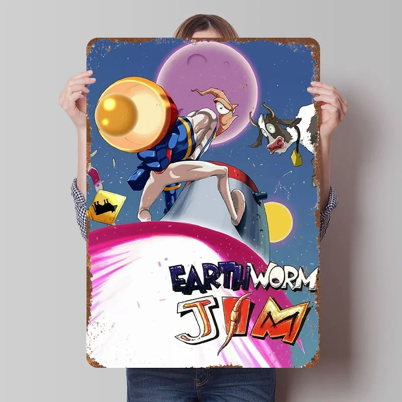 Póster Metálico de Arte del Juego Earthworm Jim, Arte de Pared Personalizado, Letreros Retro Vintage de Hojalata para Decoración de Dormitorio, Decoración del Hogar para Hombres