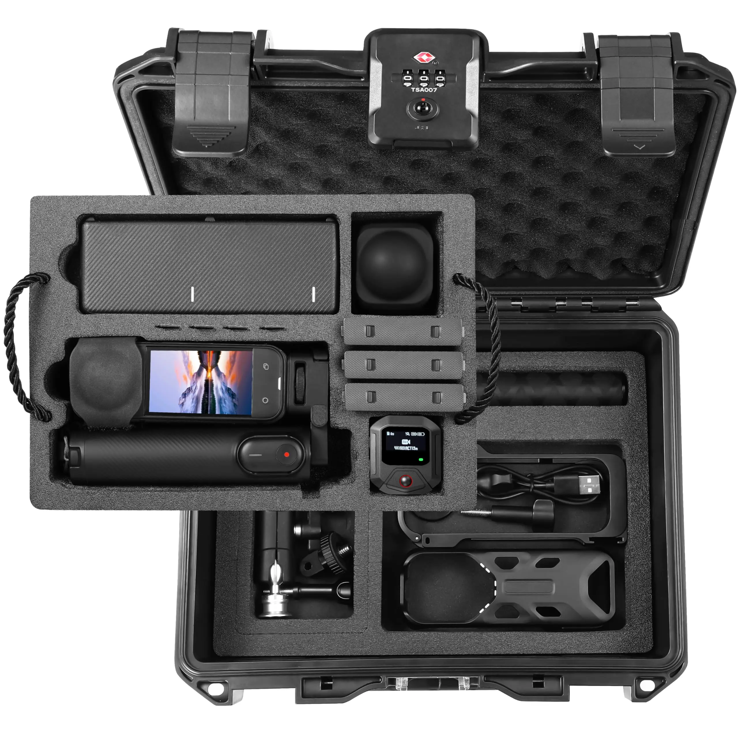 Carrying Case Organizer for Insta360 X5, TSA Lockable Double Layer Hard Shell Travel Waterproof Case for Insta 360 X5 X4 Accessories, for Foldable Selfie Stick, Charging Hub, Utility Frame Metal Cage