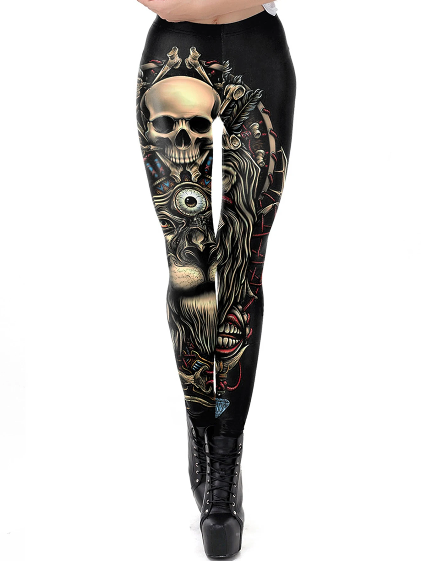 

Женские леггинсы с высокой талией и принтом, повседневные всесезонные модные облегающие колготки в полный рост с рисунком черепа и льва
