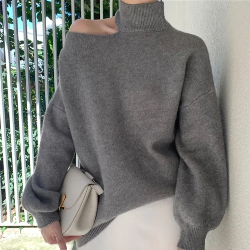 Women Turtleneck Off Shoulder Sweater Fall Causal Long Sleeve Pullovers Sexy Hollow Out Loose Sweater Winter Solid Warm Knit Top