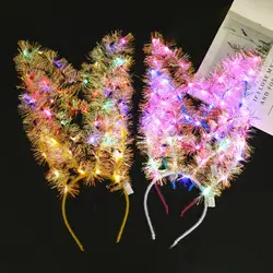 LED Rabbit Ears Antlers Headband Lengthened Golden Silk Cute Bunny Ears Headband with LED Light Christmas Party Supplies