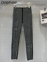 Mallas adelgazantes con diamantes de imitación para mujer, pantalones plateados de cintura elástica, otoño e invierno, 2023