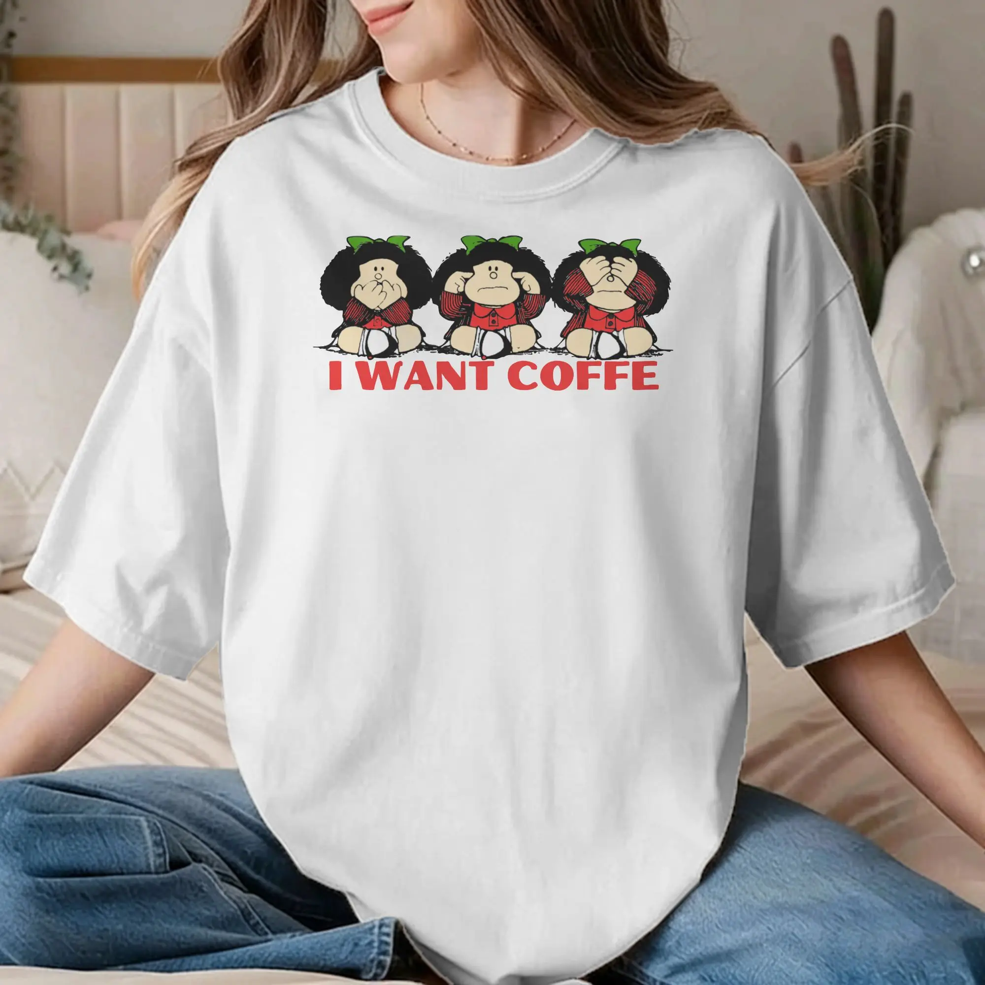Men Women T-Shirts Mafalda I Want Coffe Crazy Pure Cotton Tee Shirt Short Sleeve Cartoon T Shirt Crewneck Clothing Summer