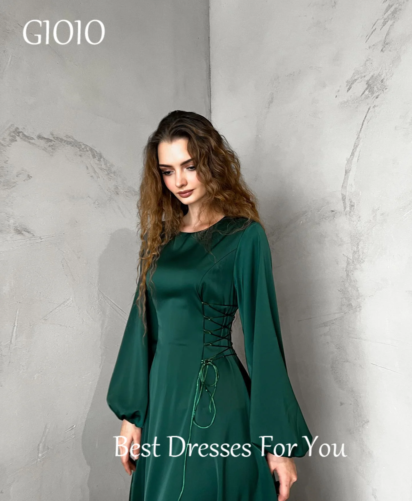 GIOIO O-Neck Luxury Garden Evening Dresses Lace Up Green Long Sleeves Formal Birthday Floor Length Elegant Prom Gown Party Women