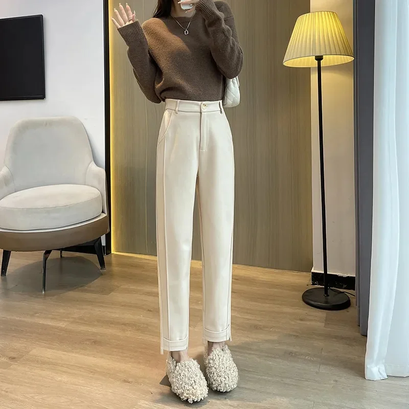 

Woolen Pants Women's Harem Pencil Pants 2025 Autumn Winter High Waist Casual Pantalones Beige Black Women Ankle-Length Trousers