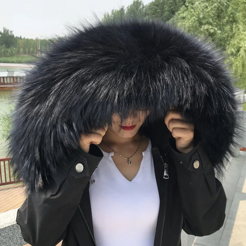 Natural Raccoon Fur Collar Women Winter Warm Real Fur Scarf Fur Hood Trims for Coat Parkas Large Size Genuine Furry Fur Shawls