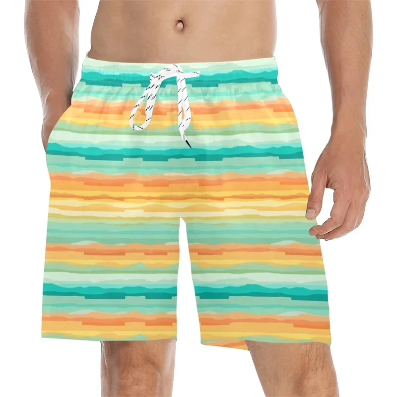 Art Striped Print Beach Short For Men Clothing Colorful Quick Dry Swim Trunks Daily Casual Beach Volleyball Sports Board Shorts