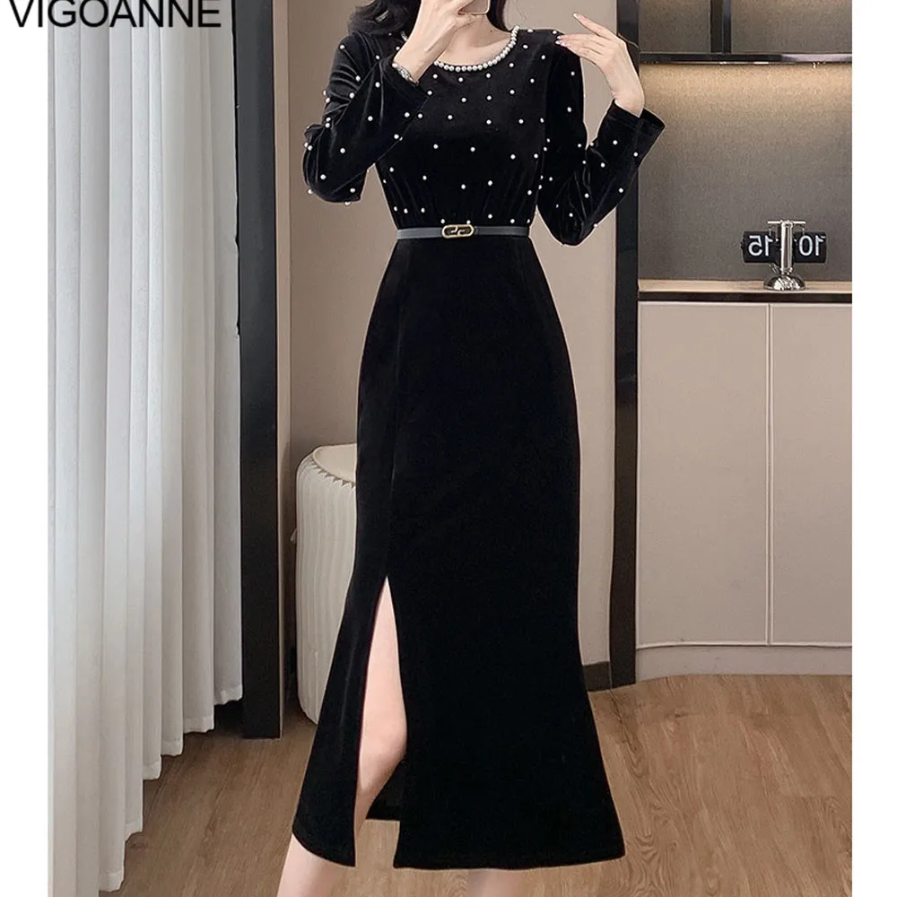 VigoAnne 2025 Spring Autumn Woman Black Velvet Dress Patchwork Slit Long Sleeve Dress Lady Black Evening Party Tight Long Dress