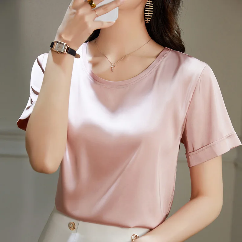 Heavyweight Silk T-shirt for Women White High-end and Atmospheric Summer Satin Silky T-shirt Crop Top Women