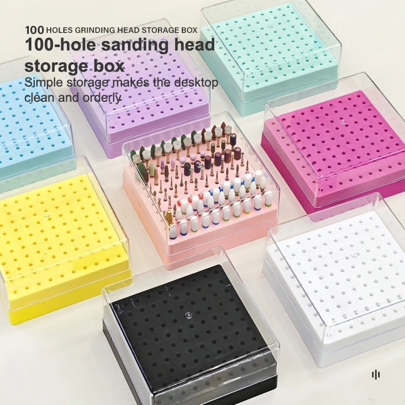 

100 Holes Nail Art Drill Storage Box Grinding Polish Head Bit Holder Display Nail Drill Bits Organizer Plastic Nail Stand
