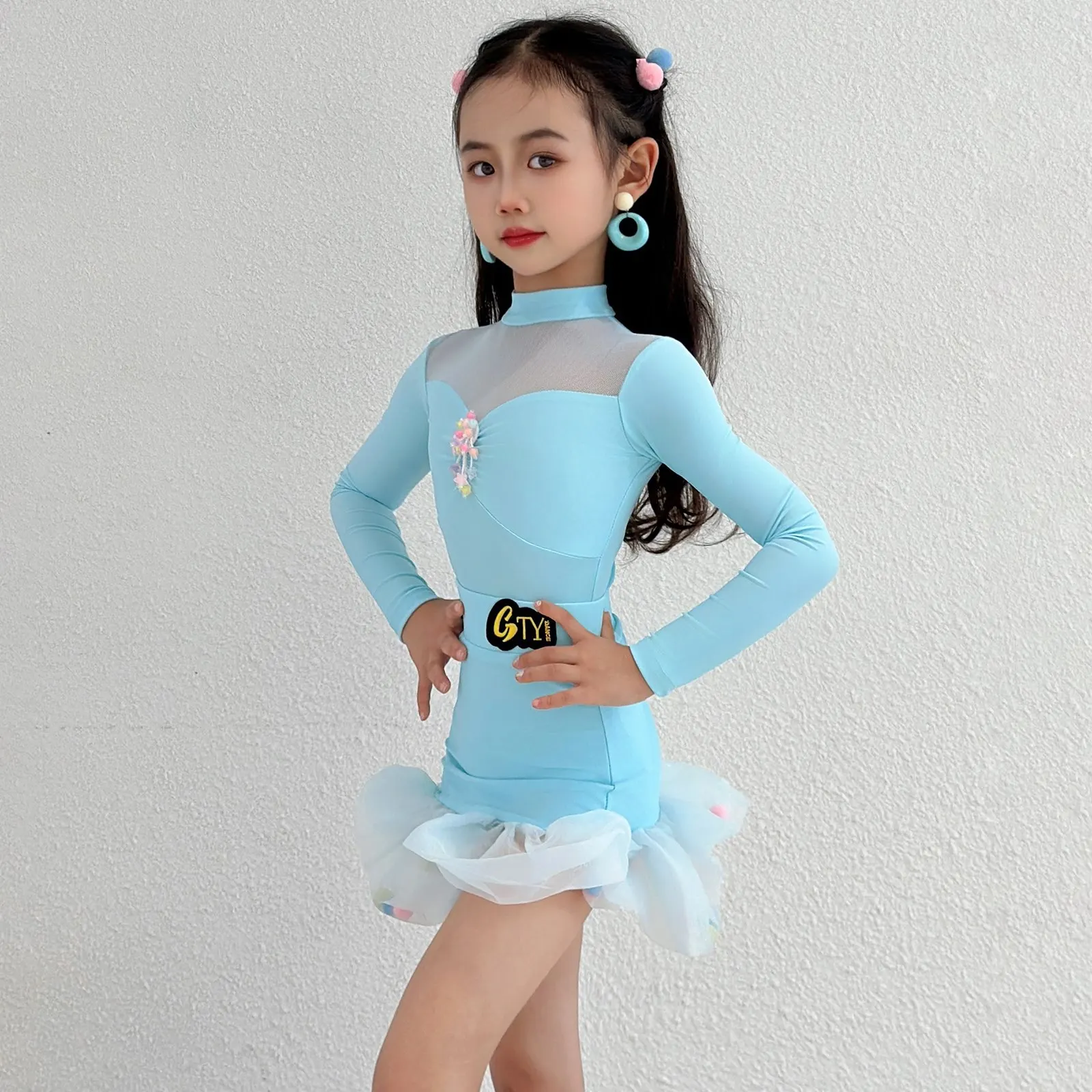 Robe de concours de danse de salon bleue pour enfants, Costume de danse latine à manches longues pour filles, vêtements d'entraînement de danse pour enfants SL13881