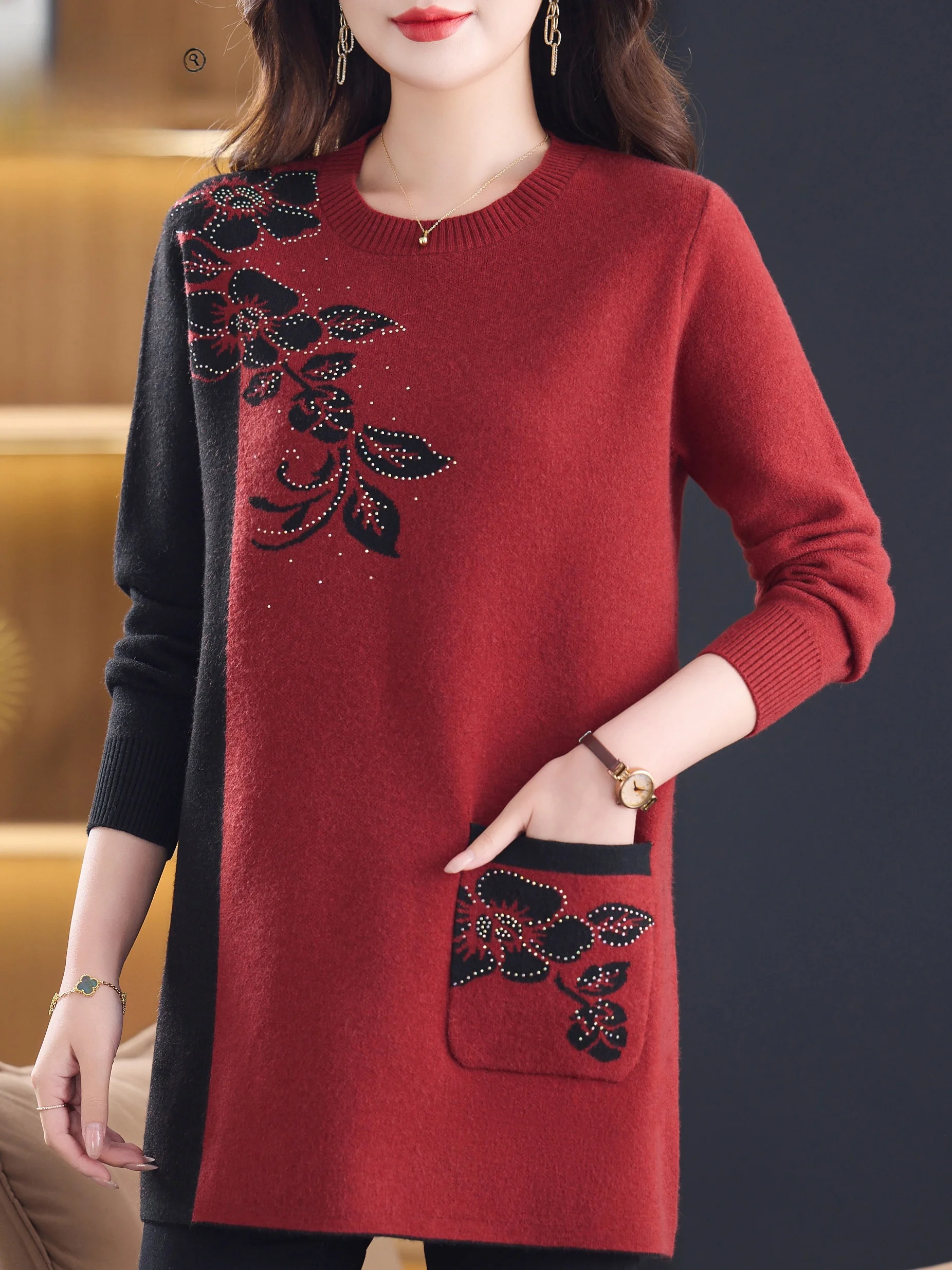 

Осень-зима, теплая женская вязаная круглая миди-платье среднего возраста с принтом Dr, одежда для мам, скрывающий живот, свитер для похудения