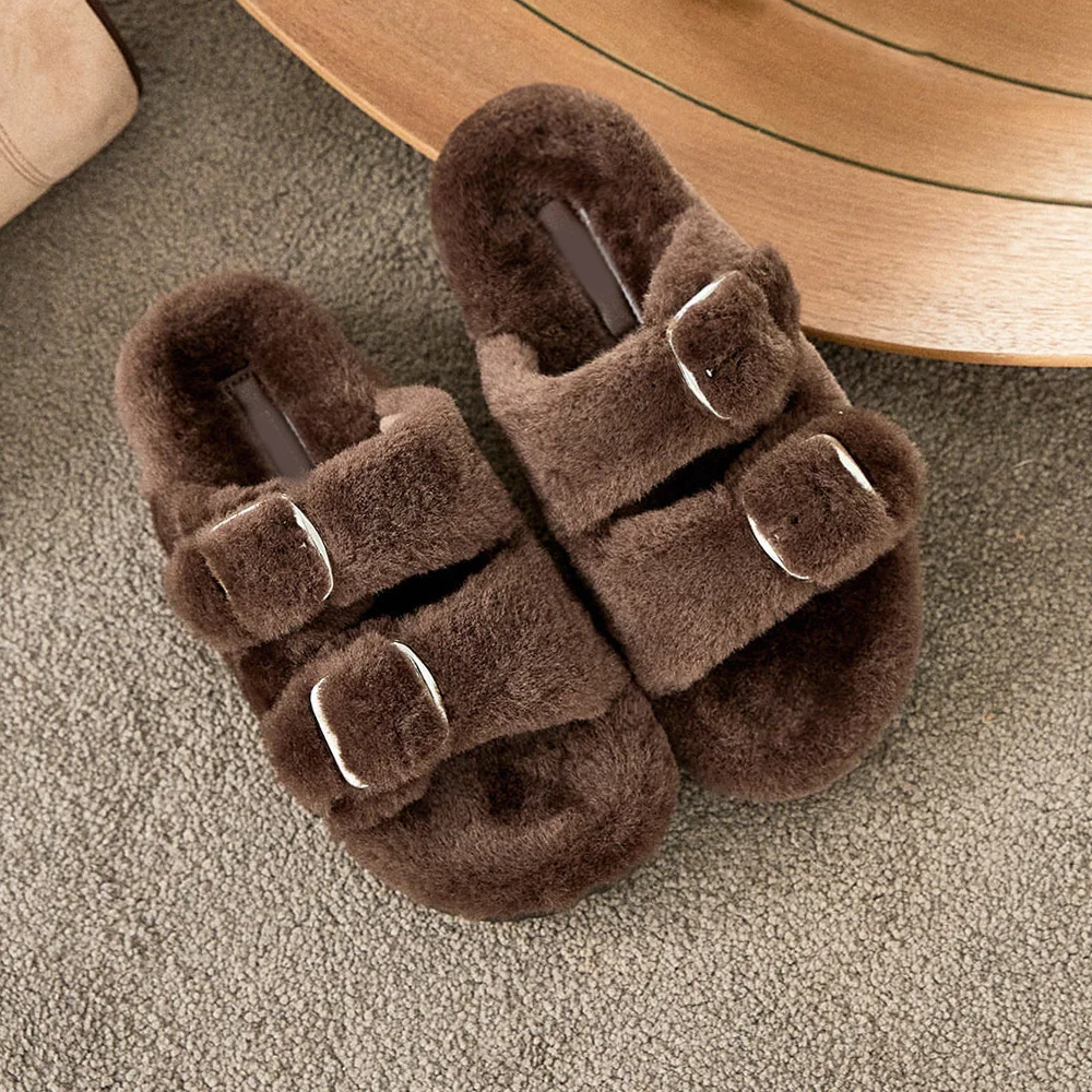 Women Fuzzy Slippers with Cork Footbed Fluffy Fur Slides Open Toe House Shoes Slipper Arch Support Adjustable Wool Fur Slippers