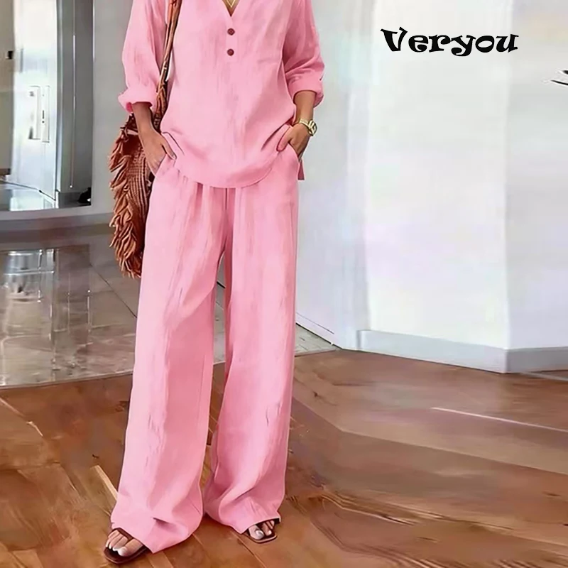 

New Spring Summer V Neck Long Sleeve Button Shirt Loose Pants Suit Women Casual Two Piece Set Solid Color Comfortable Outfits