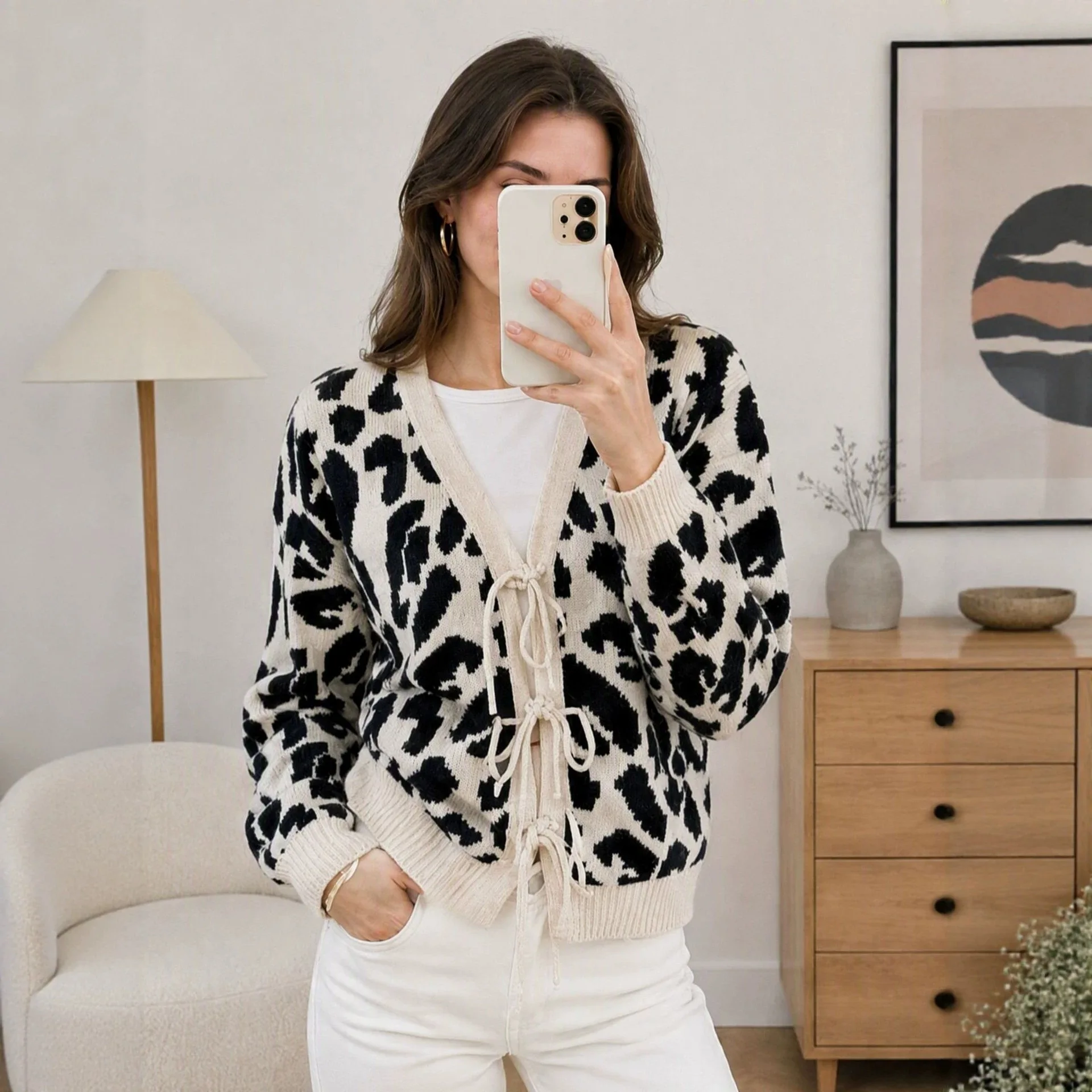 Women Leopard Print Cardigan V Neck Tie Front Knitted Sweater Long Sleeve Animal Print Top Female Autumn Winter Jumper