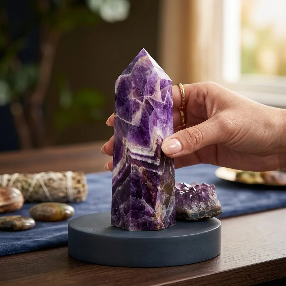Large Raw Amethyst Crystal Pyramid Obelisk Wand Tower, Natural Stone Healing Decor for Home Energy Balancing