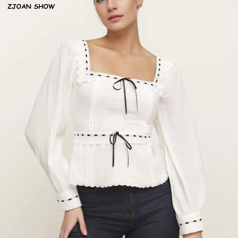 2025 Retro French Style Ribbon Cross Lacing up Puff Sleeve Shirt Women Square Collar Elastic Back Slim Crop Top Sexy blouses