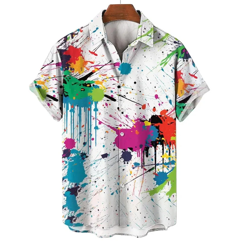 New Splatter Neon Rainbow Pattern Shirts Mens Graffiti 3D Print Hawaiian Shirt Button Lapel Short Sleeve Tee Casual Beach Tops