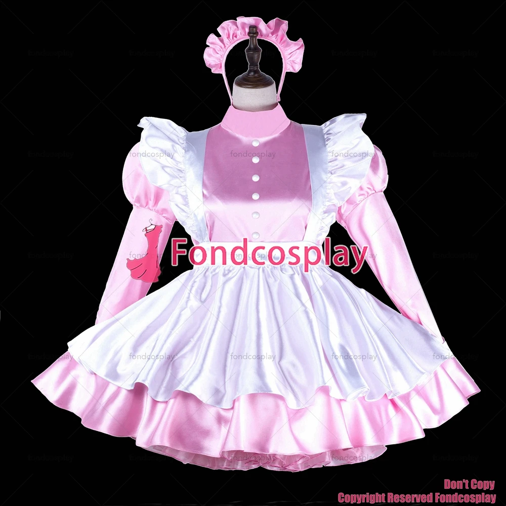 fondcosplay adult sexy cross dressing sissy maid baby pink satin dress lockable Uniform white apron costume CD/TV[G2244]