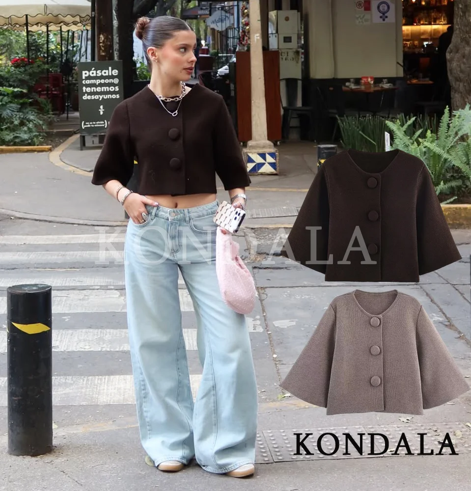 

KONDALA модный повседневный вязаный кардиган женский элегантный с круглым вырезом и пуговицами куртка с короткими рукавами 2026 весенняя мода праздничный женский кардиган