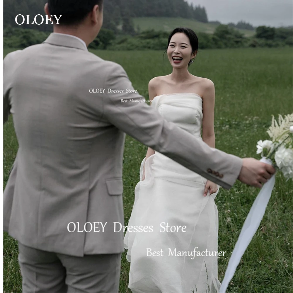 OLOEY 2023 Simple White Organza A Line Wedding Dresses Korea Women Strapless Floor Length Plain Bridal Gowns String Back