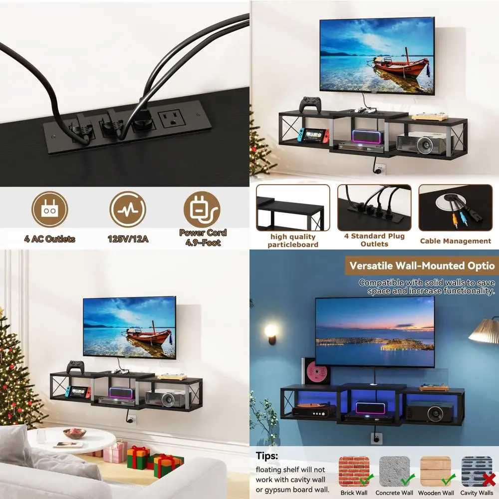 

55 Wall-Mounted TV Stand with Outlet, Metal Floating Shelf for Living Room, Storage Entertainment Center in Black