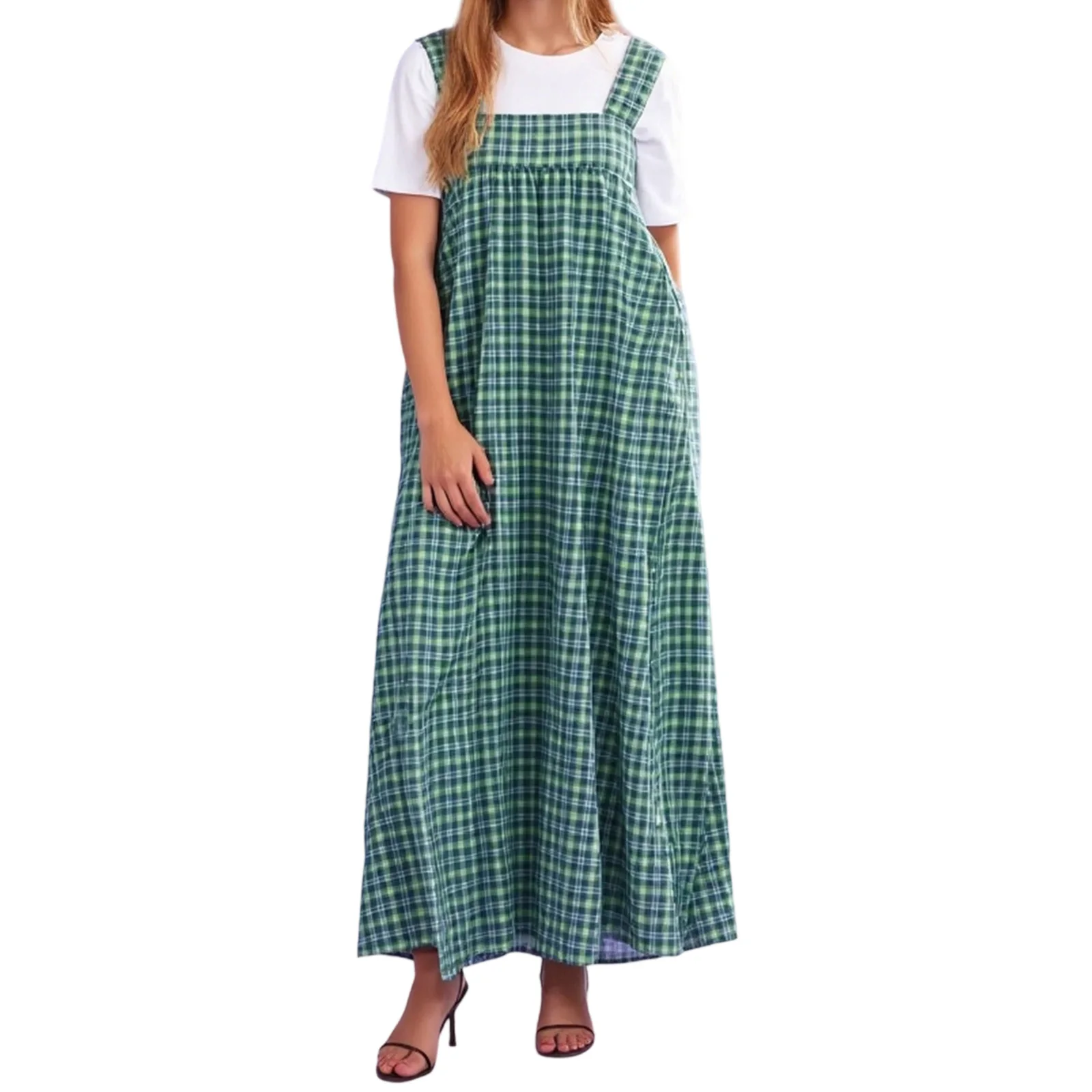 Vestido largo de verano para mujer, sin mangas, cuello cuadrado, tirantes anchos, vestido a cuadros