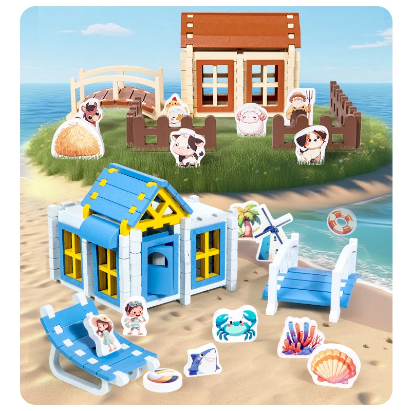 مجموعة مكعبات بناء نقر ولسان - تتضمن موضوعات الحيوانات والمزرعة والكوخ وتعزز الإبداع والمهارات الحركية الدقيقة