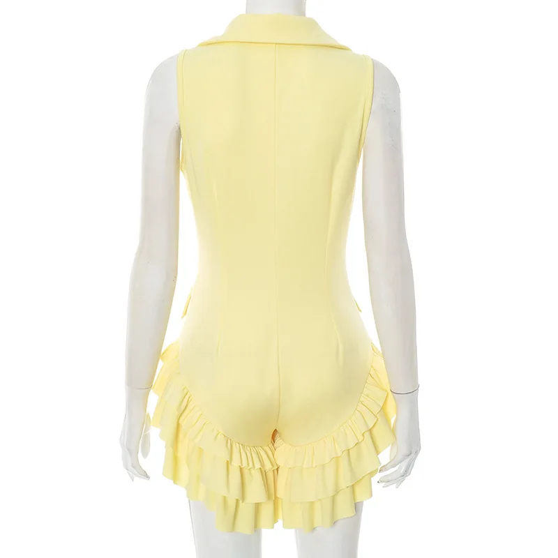 Elegante senhora sólido plissado hem playsuits 2025 verão feminino sem mangas com decote em v botão elegante ol festa rua curto macacão