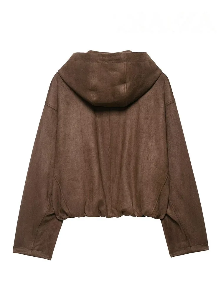 HH Woman Autumn Street Style Jacket Women Chic Hooded Zipper Jacket Solid Casual Loose Long Sleeves Pocket Design Short Coat