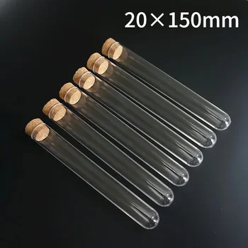 Tubos de ensaio de fundo redondo de plástico transparente, 10 peças a 100 peças 20x150mm com rolha de cortiça para escola/laboratório