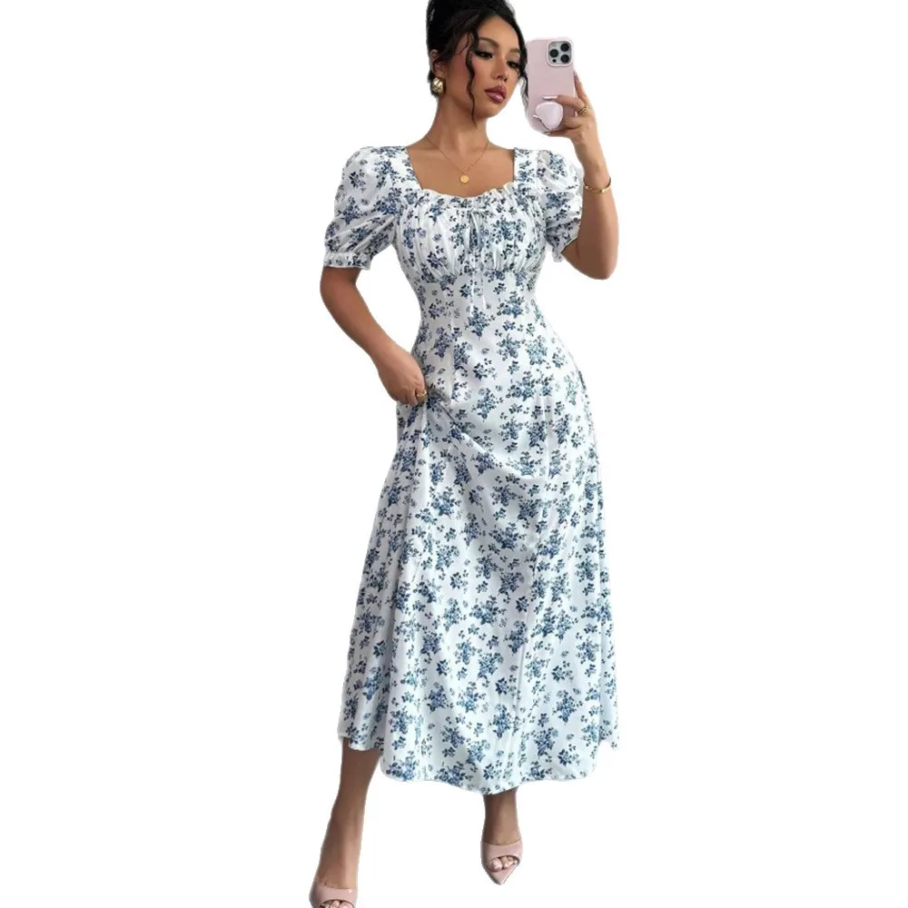 فستان نسائي مطبوع بأكمام منتفخة بقصة ضيقة وياقة مربعة فساتين طويلة مكشكشة أنيقة للسيدات فساتين على شكل حرف A غير رسمية 2025