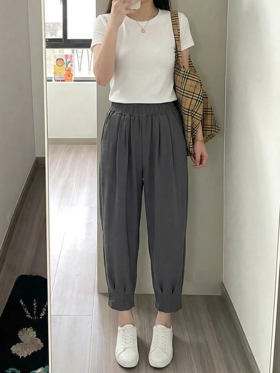 

High Waist Loose Ice Silk Casual Pants Women's Large Size Summer Grey Thin Harlan Nine Points Slimming Trousers Korean Style